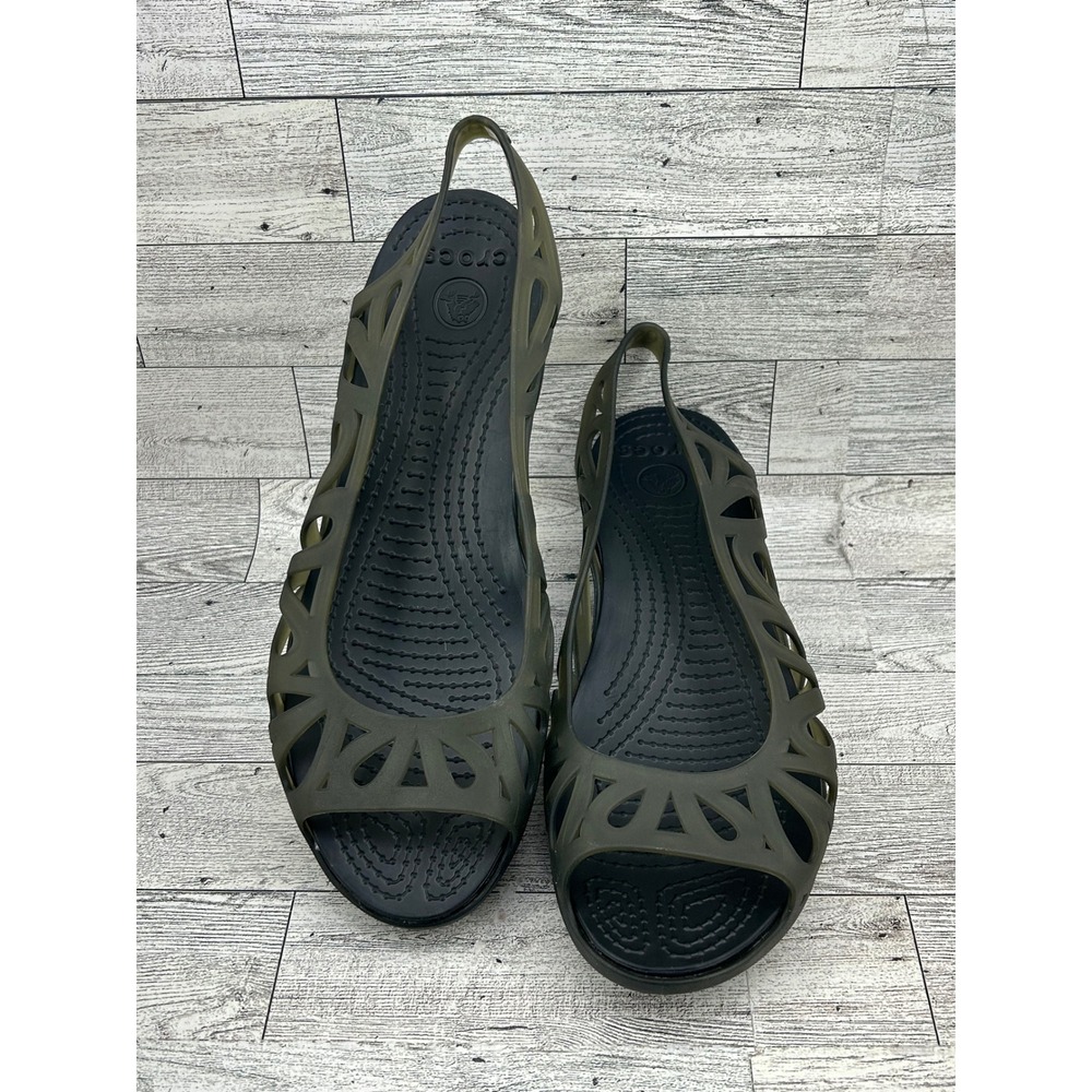 Crocs Adrina‎ III Peep Toe Wedge Sandals Army Green Black Womens 9 14937